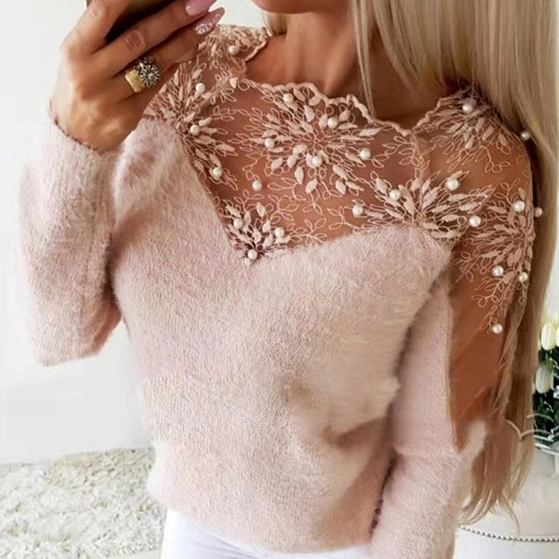 swvws Floral Pattern Stitching Sweater Women's Lace Mesh Slim Knit Warm Long-Sleeved Suit Elegant Winter Vintage Sweater Top