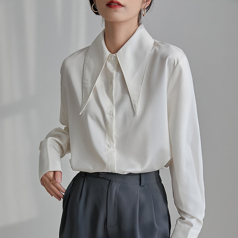 swvws Long Sleeve White Satin Blouse Women Autumn New Fashion Loose Vintage Button Shirt Women Clothing Chic Office Lady Tops 18015