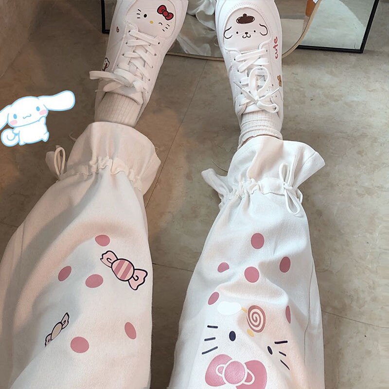 swvws Kawaii Cartoon Print White Wide Leg Pants Women Korean Fashion Cute Oversize Loose Trousers For Female Soft Girl Pink