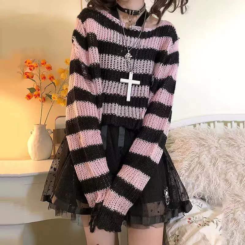 swvws Punk Gothic Sweater Emo Tops E-Girls Mall Goth Pullovers Y2k Harajuku Grunge Clothes Alt Dark Aesthetic Striped Jumpers