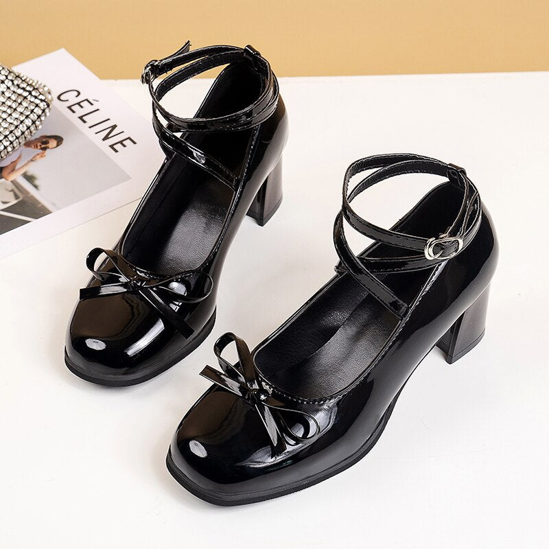 swvws Black Retro Cross-Tie Pumps Casual  Summer Marry Janes Round Toe Shoes Ladies Lolita Sweet Fashion Shoes Woman Bow Design