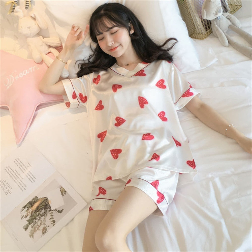 swvws Women's Summer Short-Sleeved Ice Silk Pajamas Loose And Comfortable Homewear Pajama Set Women Sleepwear