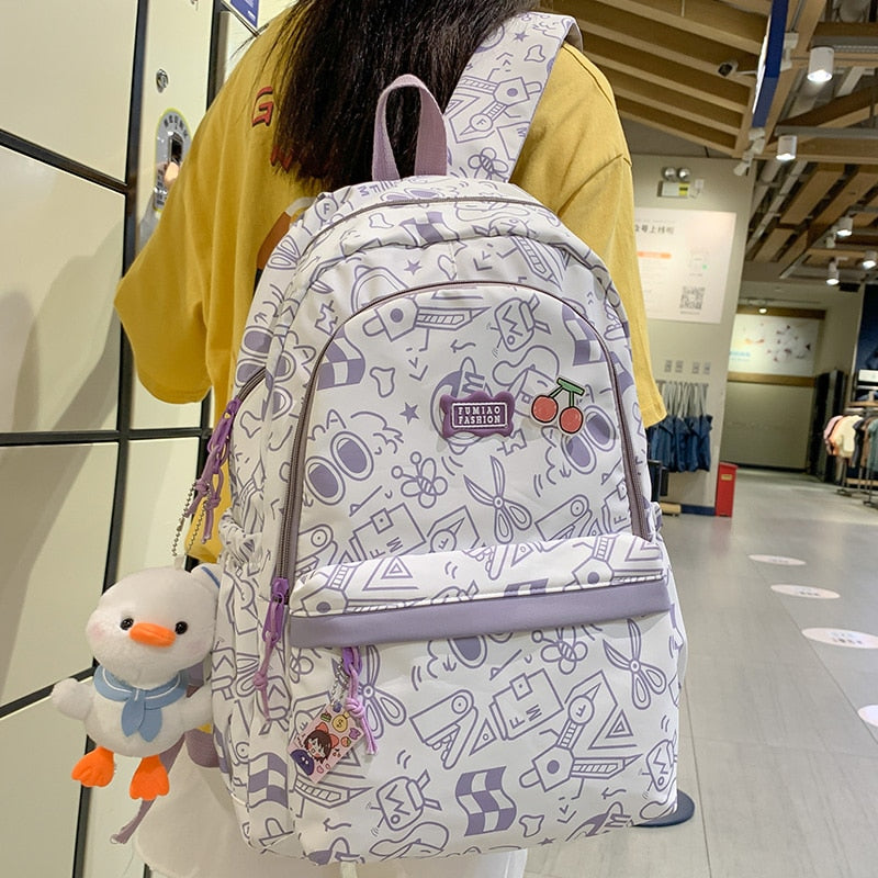 swvws Cartoon Print Female Laptop College Packet Girl Travel Harajuku Book Backpack Lady Kawaii Graffiti Bags Fashion Women SchoolBag