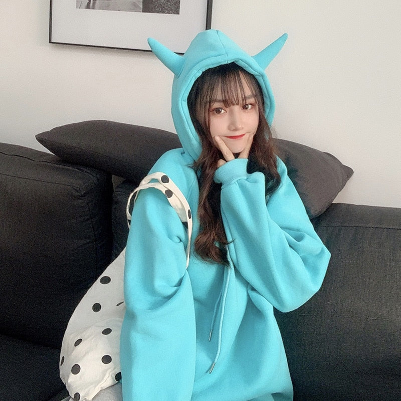 swvws Women Plus Velvet Warm Loose Harajuku Hoodies  Spring Devil Horn Hooded Sweatshirt Female All-Match Cute Pullovers Tops New