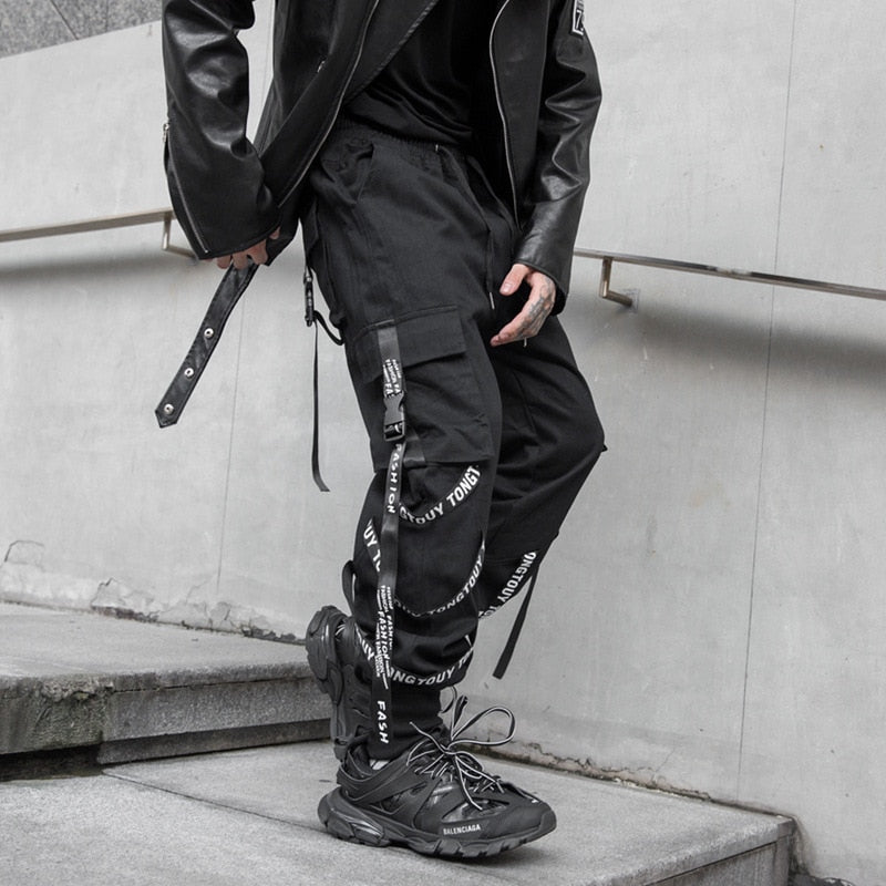 swvws Back To School  Black Cargo Pants Men Joggers Cargo Trousers For Men Jogging Japanese Streetwear Hip Hop Hippie Gothic Ribbon