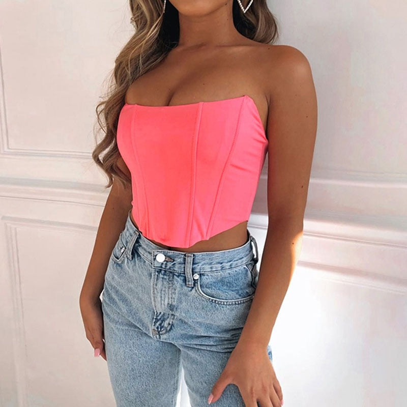 swvws  Patchwork Sexy Bustier Corset Crop Top Women Sleeveless Off Shoulder Purple Satin Bandage Tank Top Summer Club ASVE82591