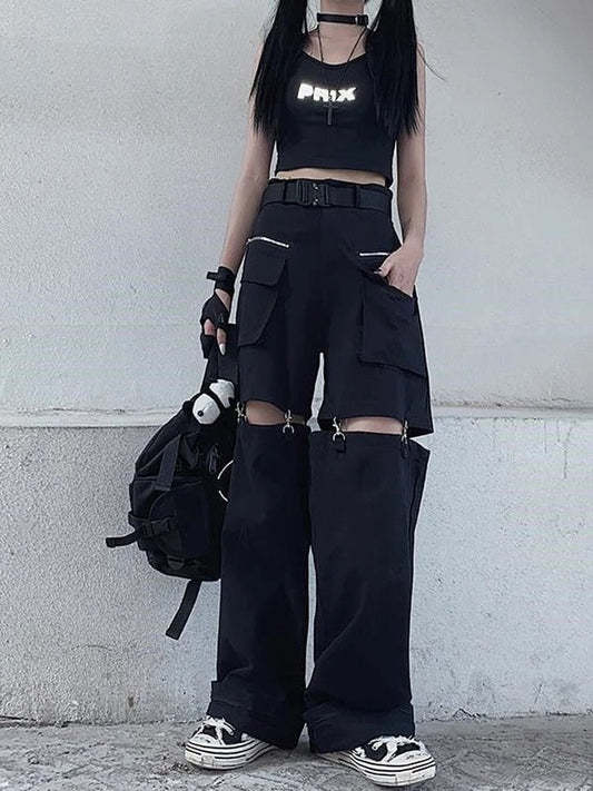 swvws Techwear Gothic Black Cargo Pants Women Streetwear Hollow Out Punk Wide Leg Oversize Pockets Trousers For Female Hip Hop