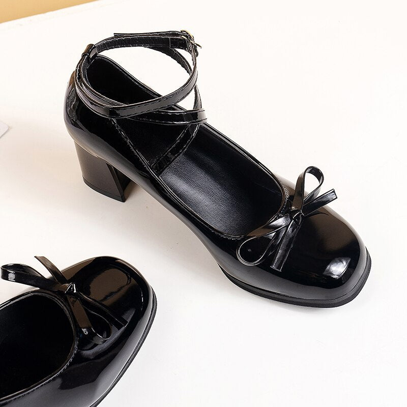 swvws Black Retro Cross-Tie Pumps Casual  Summer Marry Janes Round Toe Shoes Ladies Lolita Sweet Fashion Shoes Woman Bow Design