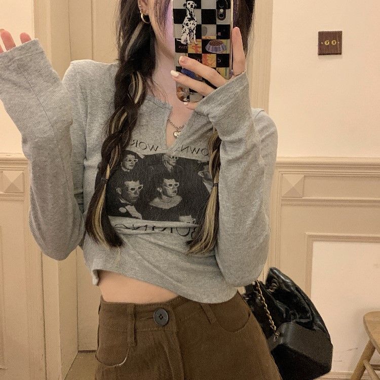 swvws Y2K Grunge Graphic Tees Gray Crop Top Women Korean Style Long Sleeve Sexy Slim White Tshirts Vintage Streetwear T Shirt