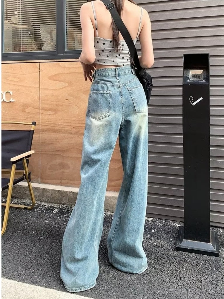 swvws Vintage Pants, Jeans, Women's Torn Wide Leg Pants, Summer High Waisted, Slimming, Loose Fitting Long Pants, Women's Jeans