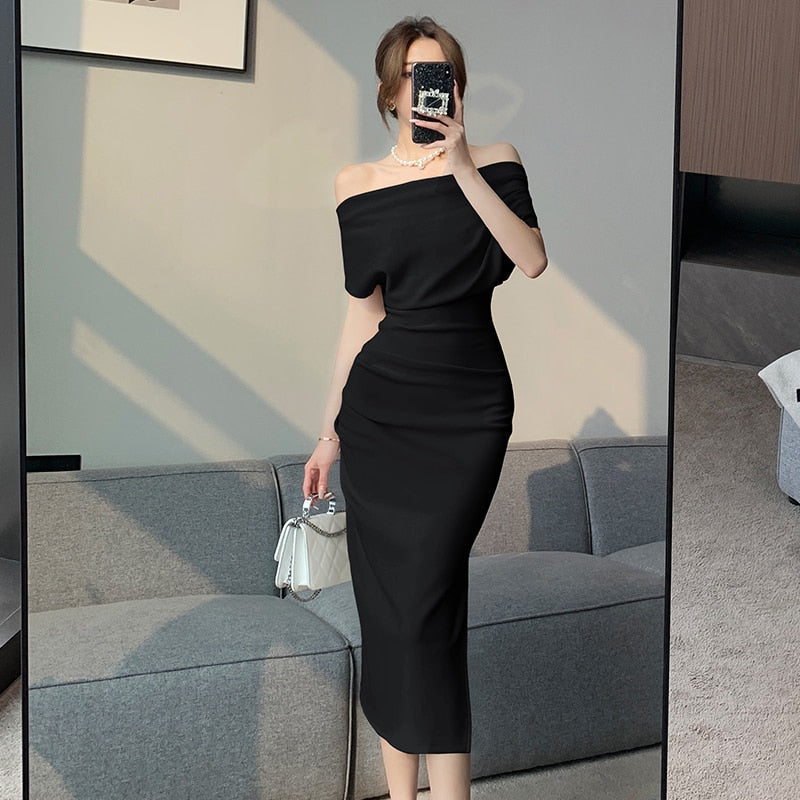 swvws French Temperament Celebrity Wind Sexy Strapless Oblique Collar Dress Female Spring and Summer Slim Open Package Hip Long Dress