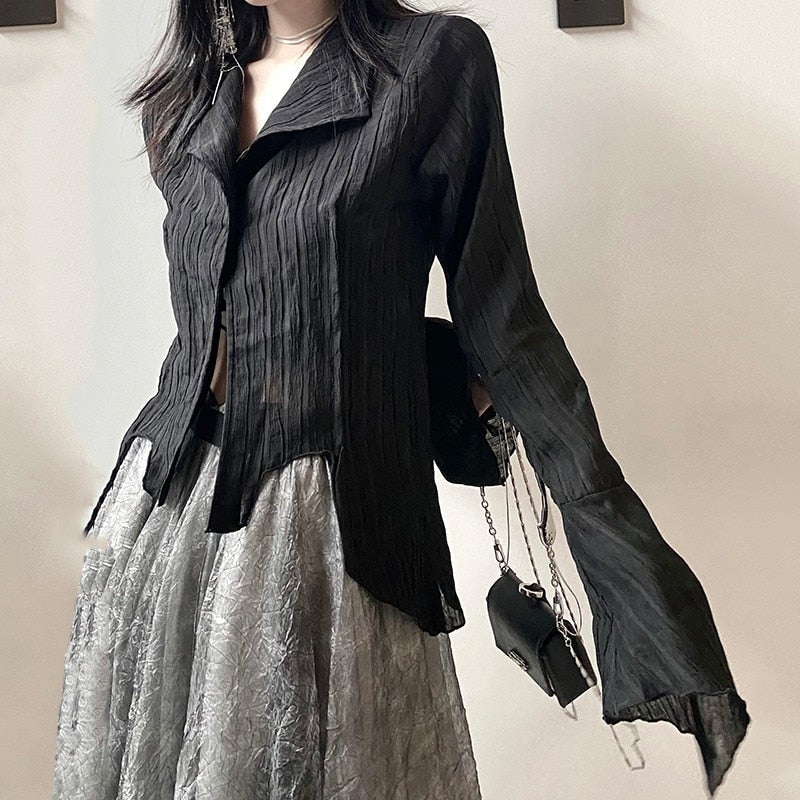 swvws Gothic Black Shirt Yamamoto Style Dark Aesthetic Blouse Women Irregular Designer Clothes Emo Alt Clothes Grunge Tops Y2k