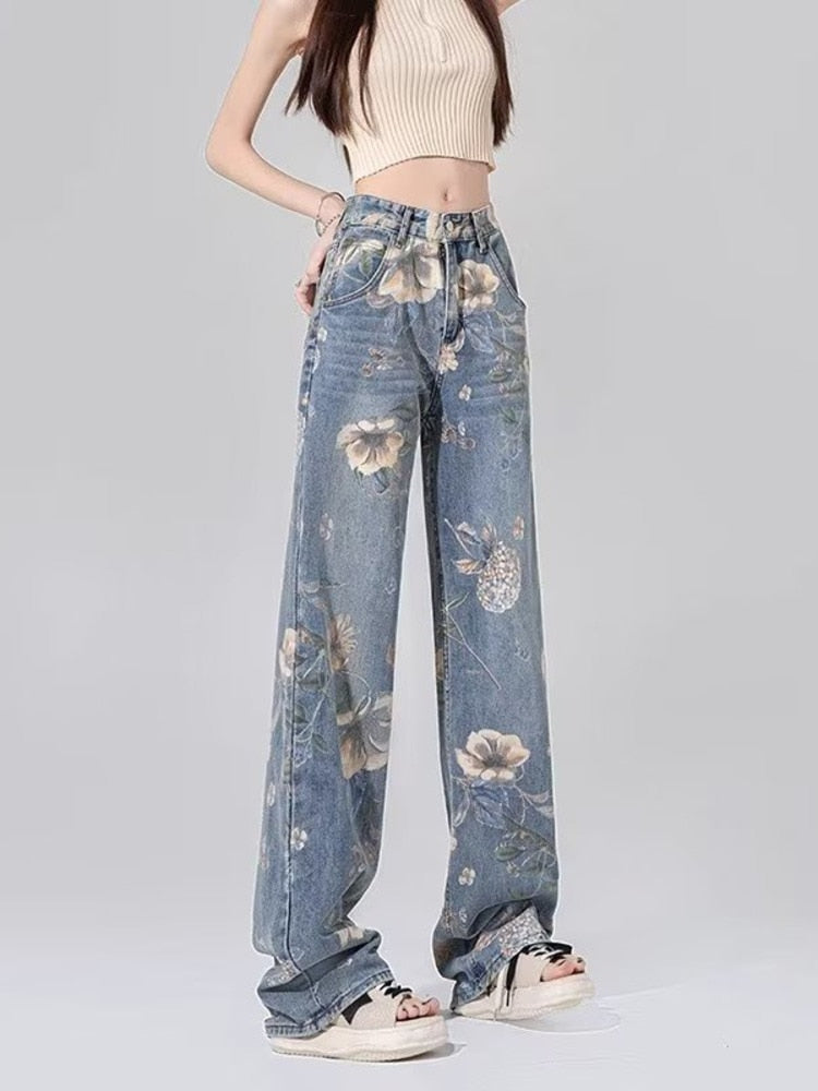 swvws Street Printed Jeans, Female Niche Design, Trendy Vibe High Waisted Drape, Straight Leg Wide Leg Long Pants, Women's Jeans