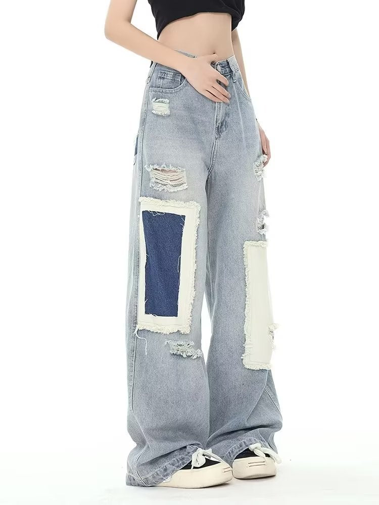 swvws Design Sense Contrast Color Broken Hole Patch Women's Jeans Women's Summer Crowd High Waist Loose Straight Leg Long Pants