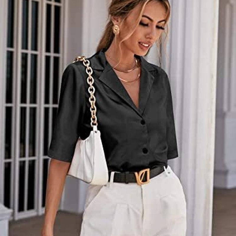 swvws Short Sleeve Satin Blouse Women  Summer Notched White Silk Shirt Elegant Office Lady Simple Button Up Casual Shirts 19935