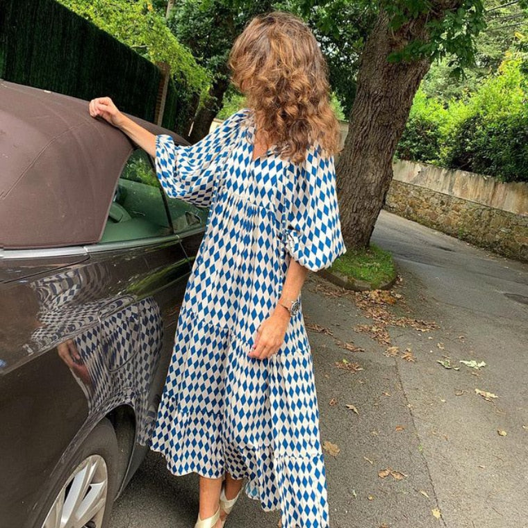 swvws   Lantern Sleeve Printing Long Dresses Women Summer Fashion V Neck Ankle-Length Geometric Collage Dress Loose Boho Beach Dresses