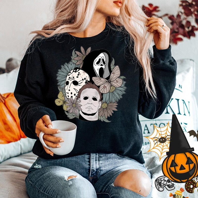 swvws Halloween Costume Horror Movie Scary Hooded Halloween Women Sweatshirt Crewneck Pullover Halloween Party Ghost Boo Skull Flower Hoodies Oversized