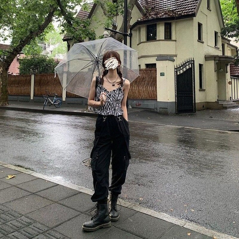 swvws Gothic Cargo Pants Women Harajuku Black High Waisted Hippie Streetwear Kpop Oversize Mall Goth Wide Trousers For Female