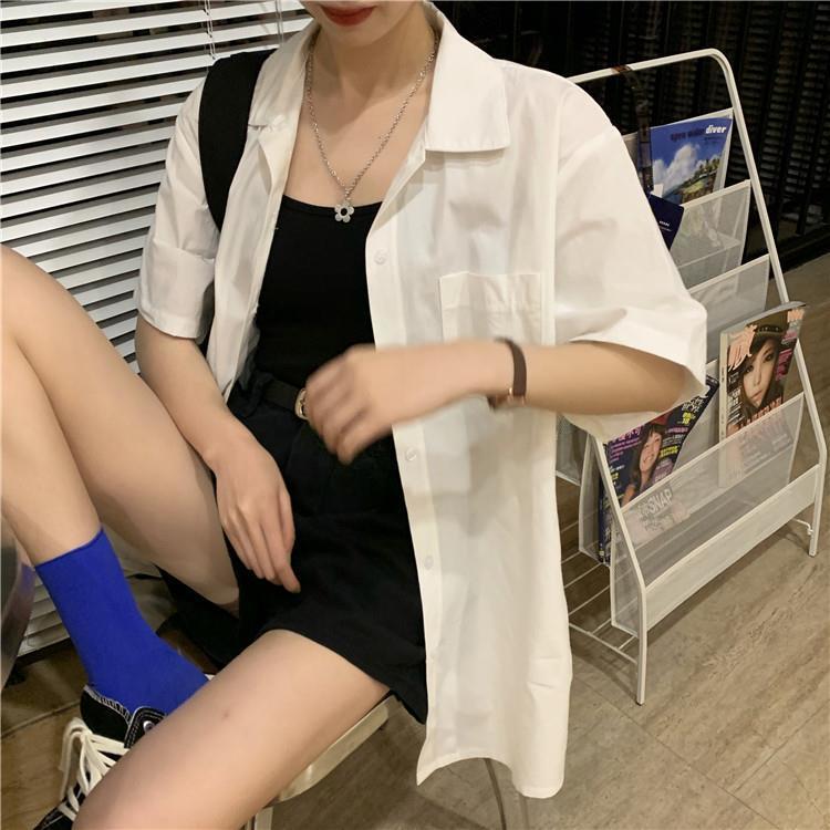 swvws Shirts Women Short Sleeve Solid Bf Loose Turn Down Collar College Simple Stylish All-Match Harajuku  Summer Tops Clothing