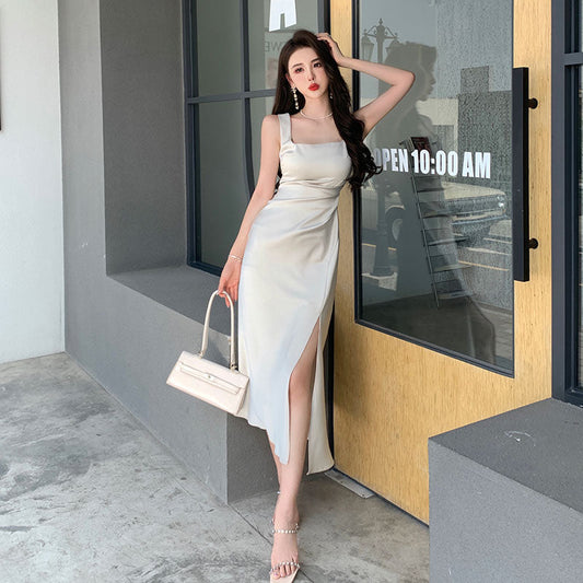 swvws Summer Fashion Women Elegant White Satin French Dress Sexy Square Collar Silk Long Bodycon Dress Wedding Cocktail Prom Dresses