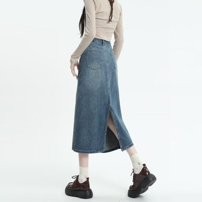 swvws Retro Denim Skirt For Women Spring And Autumn New Summer Mid Length Slim A-line Split Long Skirt Skirt