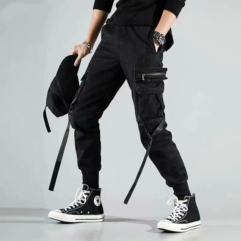 swvws Back To School  Black Cargo Pants For Men Joggers Sweatpants Cargo Trousers Male Autumn Casual Gothic Streetwear Hip Hop Ribbon