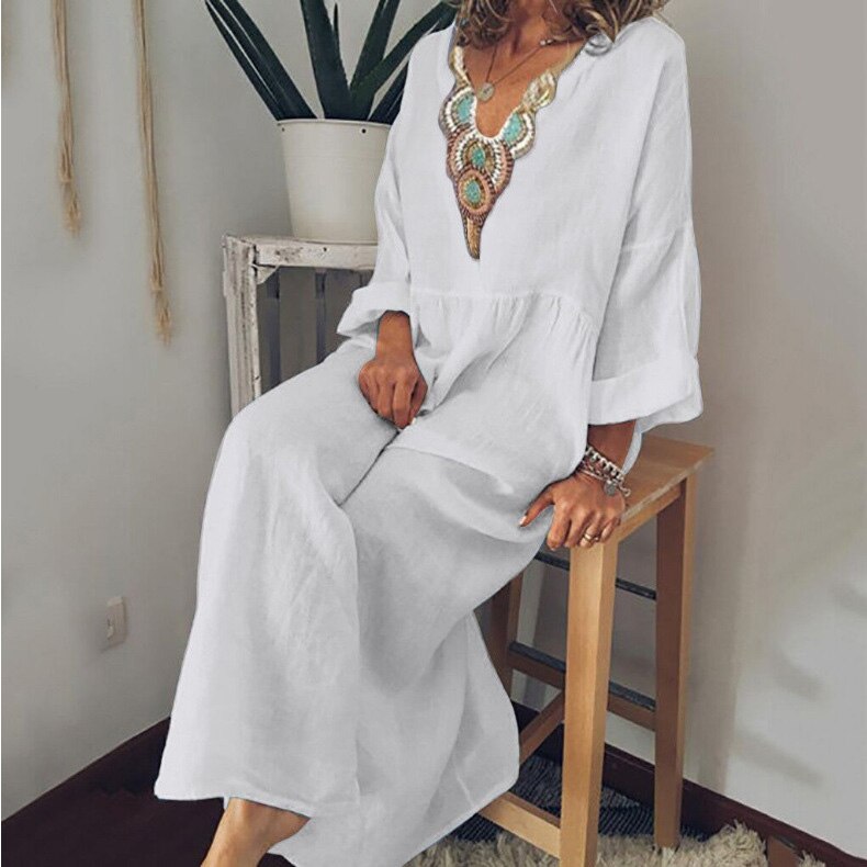 swvws Casual Ethnic Summer Dress Women Loose Cotton Linen Long Dress Long Sleeve V Neck White Beach Dress Retro Solid Large-Wing Dress