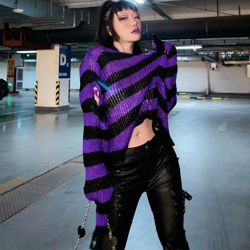 swvws Punk Gothic Sweater Emo Tops E-Girls Mall Goth Pullovers Y2k Harajuku Grunge Clothes Alt Dark Aesthetic Striped Jumpers