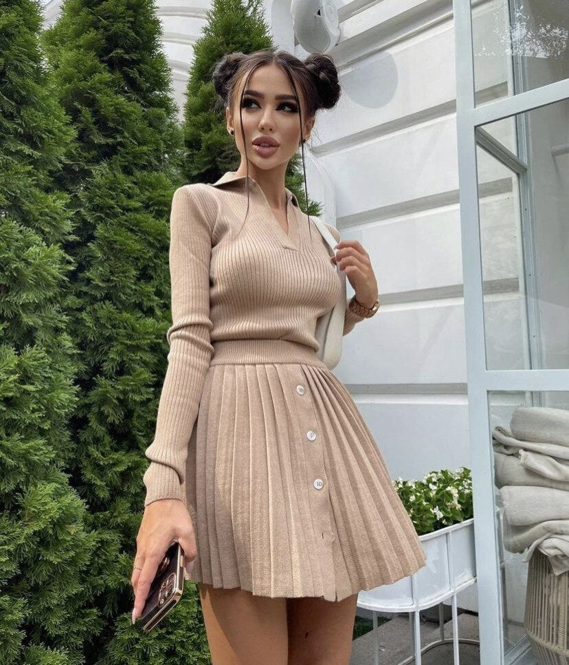 swvws Autumn Knitted Skirts Sets Women Mini Pleated Skirt Long Sleeve Slim Crop Pullover Lady 2 Pieces Set  Casual Female Suits