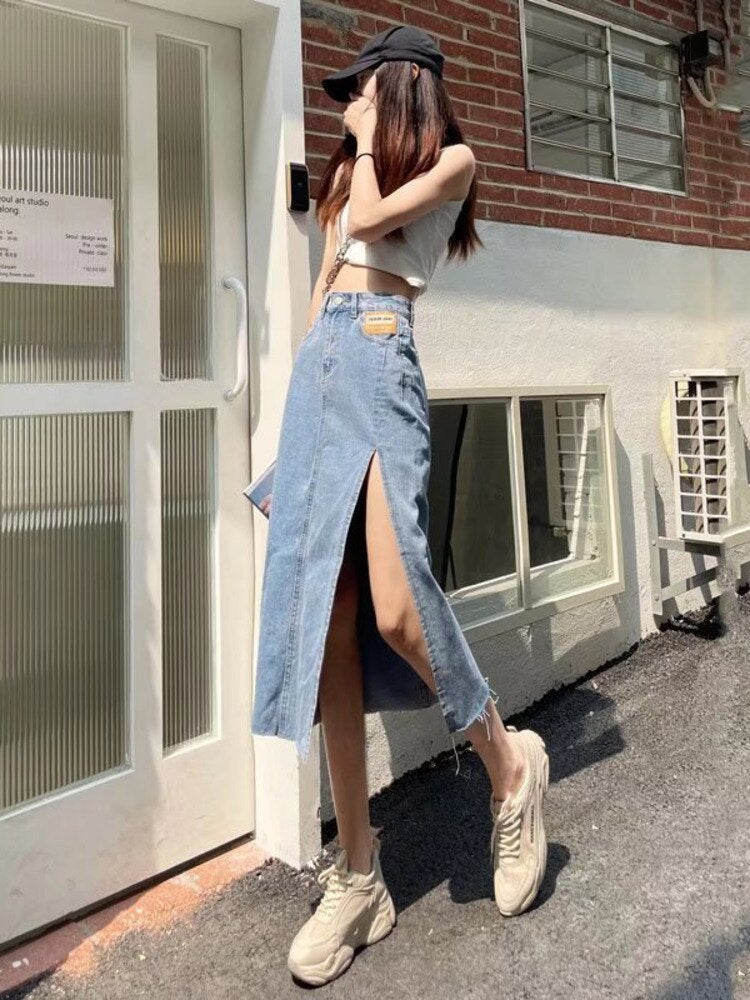 swvws Ins Simple Fashion Skirt Printing New Natural Waist Trend Japanese Long Skirt Female Solid Color Street A-line Skirt