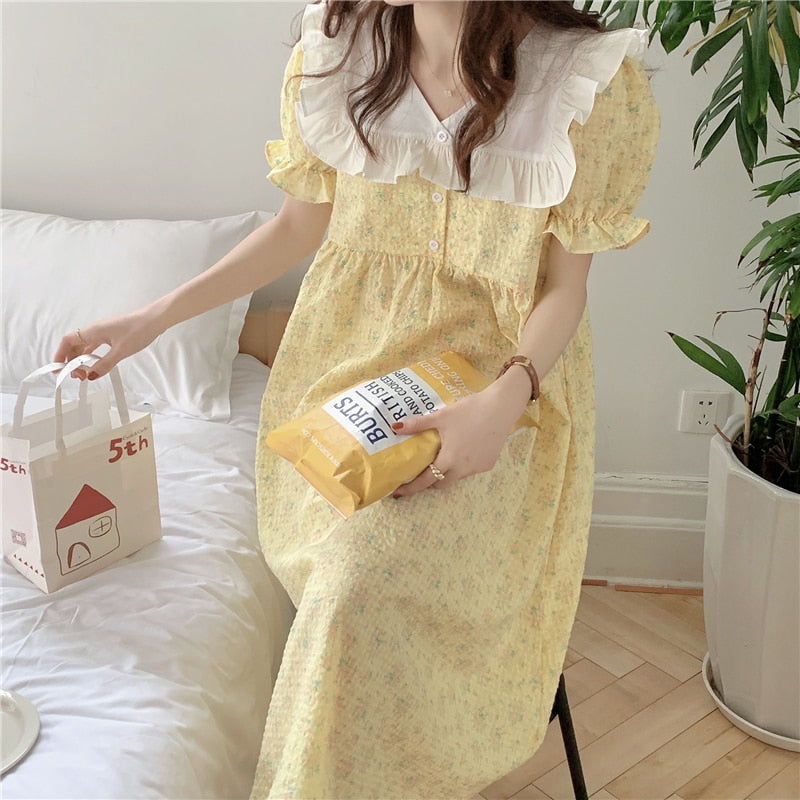 swvws Ruffles V-Neck Summer Pajamas Set Women Short Sleeve Sweet Blouse + Shorts Suit Cotton Sleepwear Flowers Plaid Homewear