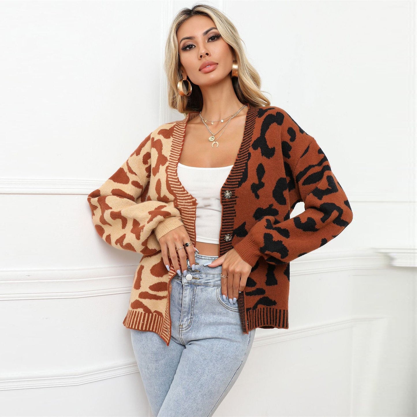 swvws Fall Winter Leopard Cardigans Casual Printed Women Knitted Sweater Loose Button Knitwear V-Neck Warm Cardigan For Women Sweater