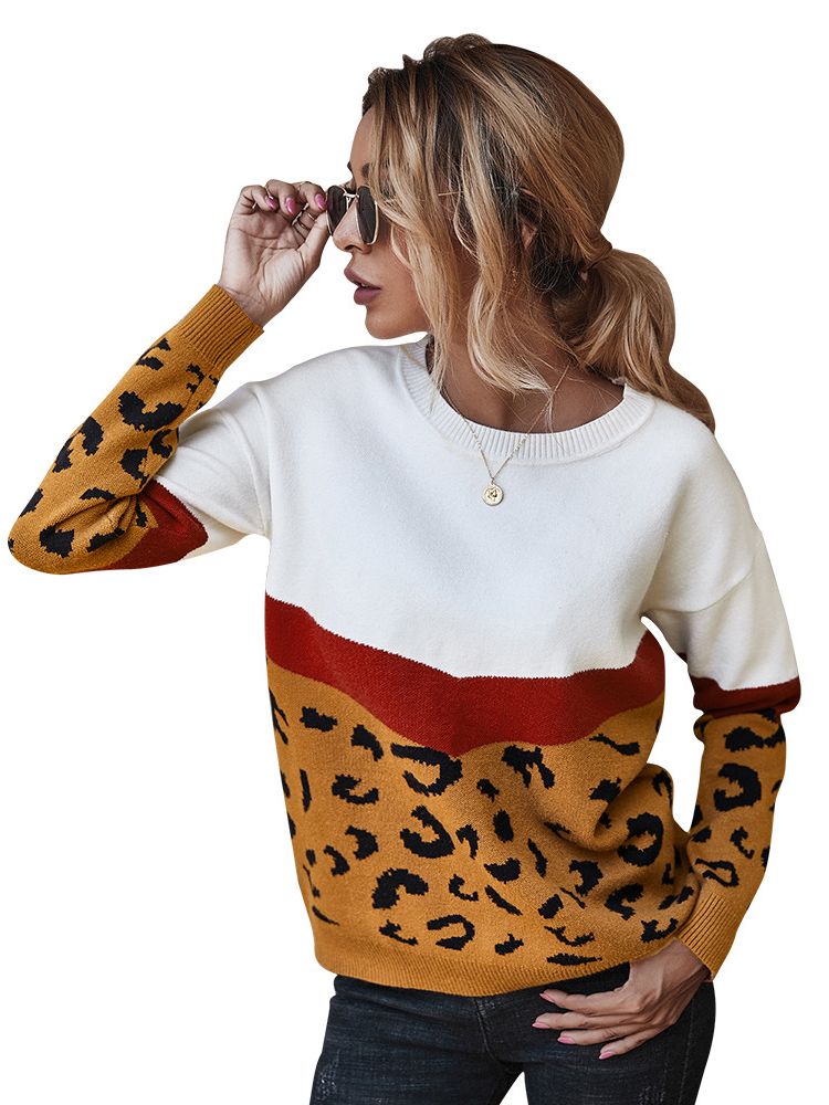 swvws Ladies Leopard Patchwork Autumn Winter Sweater Women Tops Full Sleeve Knitted Jumper Pullovers Sweaters Female Pull Knitwear