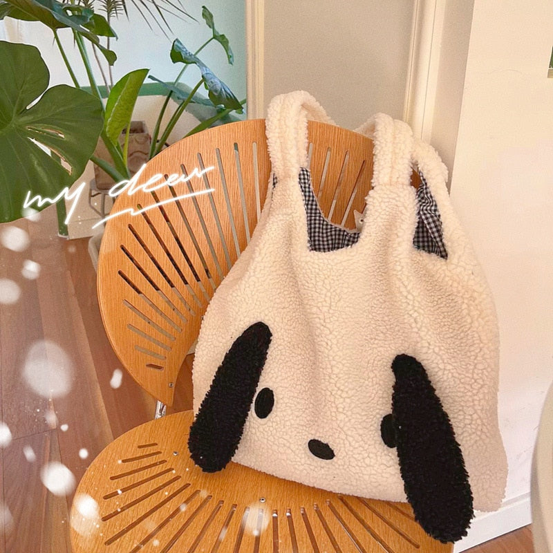 swvws  New Winter Warm Plush Bag Women Imitation Lamb Hair Cartoon Dog Ears Shoulder Bag For Women Large-capacity Tote Bag Handbag