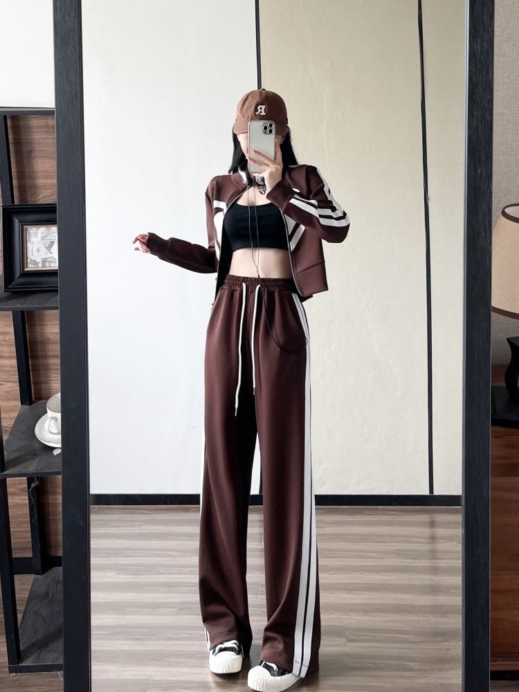 swvws  New Spring and Autumn Zipper Jacket High Waist Wide Leg Pants Two-piece Fashion Casual Loose Long-sleeved Sports Suit Women