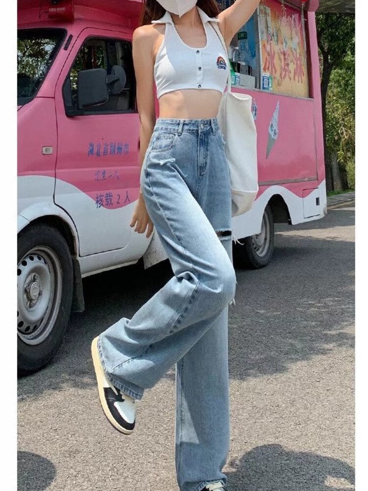 swvws Ripped Jeans Women's Summer Thin Section  New Straight Loose High Waist Thin Wide Leg Pants