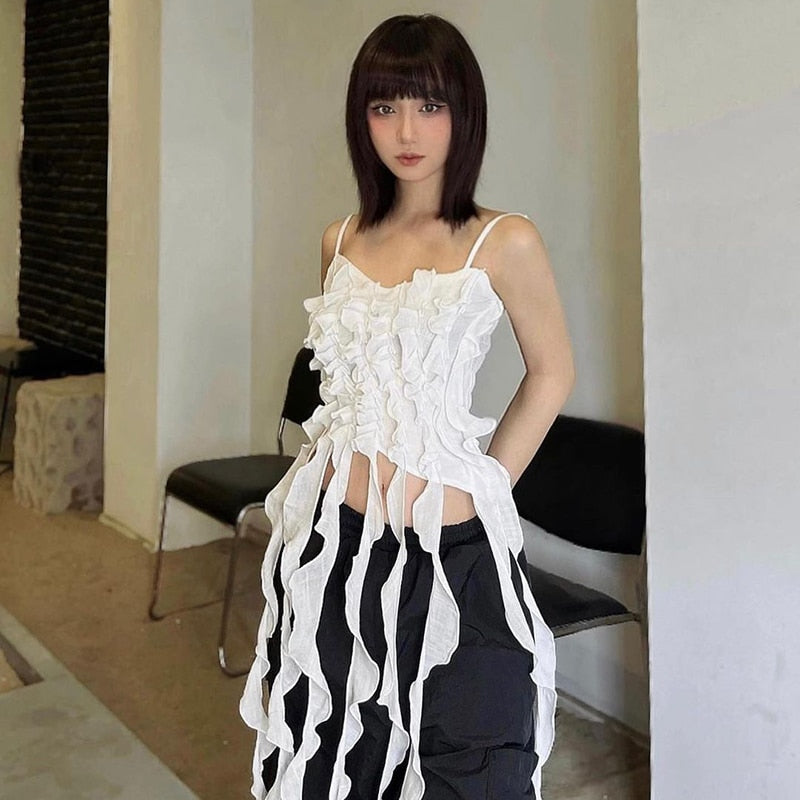 swvws Sunny Summer Ruffle Tessal Sexy Y2K Clothes Sleeveless Backless Crop Top For Women Club Korean Fashion Vacation Streetwear