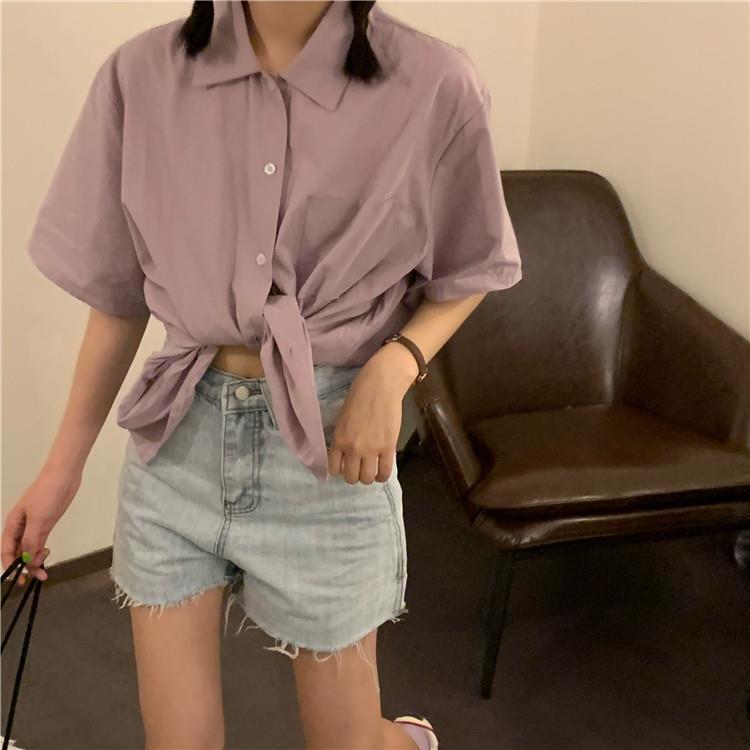 swvws Shirts Women Short Sleeve Solid Bf Loose Turn Down Collar College Simple Stylish All-Match Harajuku  Summer Tops Clothing