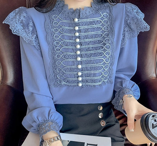 swvws Autumn Vintage Loose Chiffon Shirt Women Long Sleeve Beading Lace White Blouse Women Stand Collar Ruffles Office Lady Tops