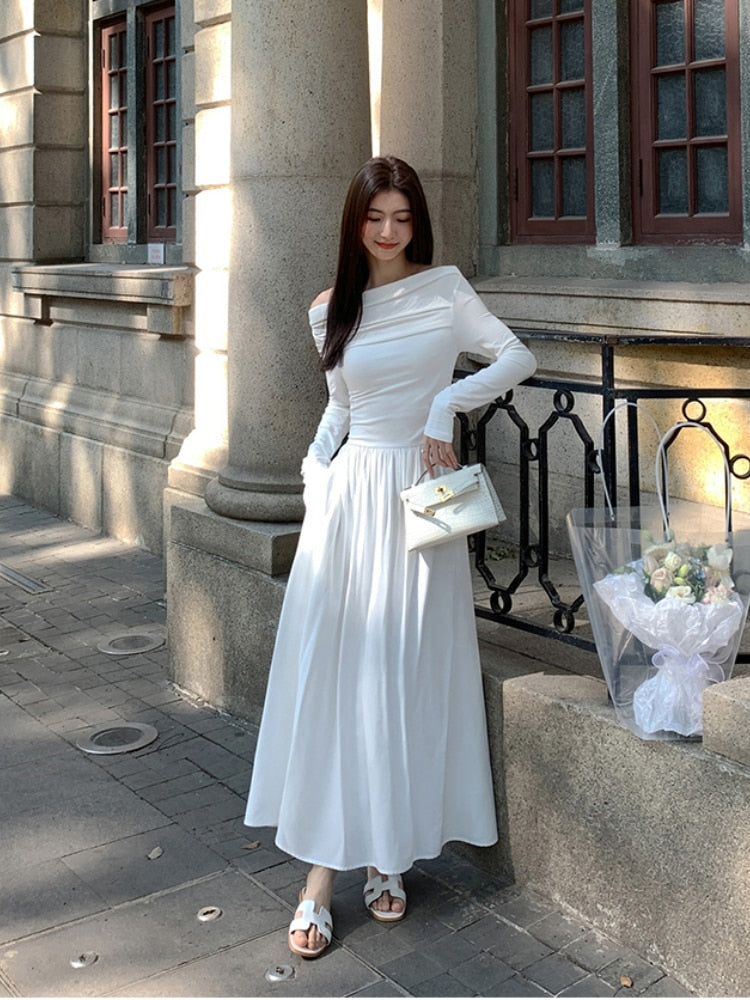 swvws Autumn Fashion White Knitted Dress Women Elegant Sexy Off Shoulder Slim A-Line Robe Korean Spring Casual Long Sleeve Clothing