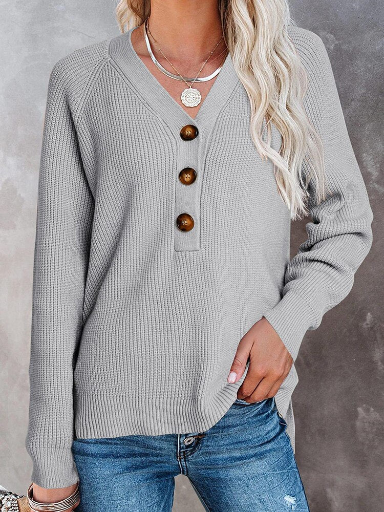 swvws Autumn Winter Button Pullover Casual Loose Women Knitted Sweater Long Sleeve Vintage V Neck Jumper Female Fashion Solid Knitwear