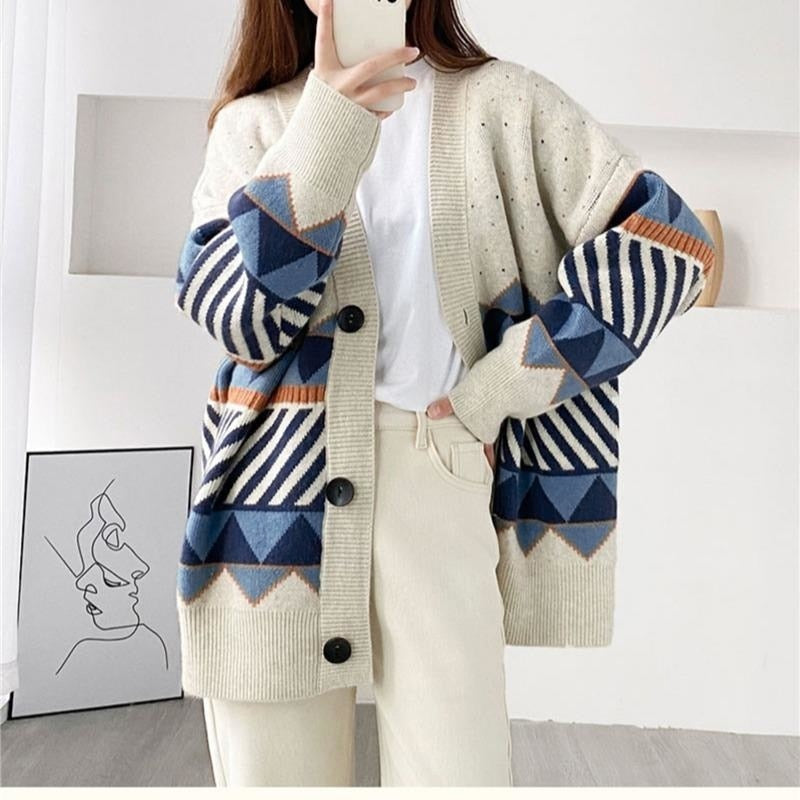 swvws  Jacquard Knitted Cardigan Lazy Style Loose Outer Jacket V-Neck Jumper Button-Up All-Match Female Loose Top Autumn Winter