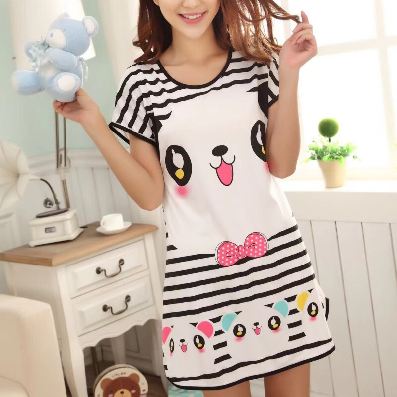 swvws Summer Cartoon Nightdress Ladies Milk Silk Double-Sided Printing Cute Nightdress Women's Nightgown Sleepwear Night Wear