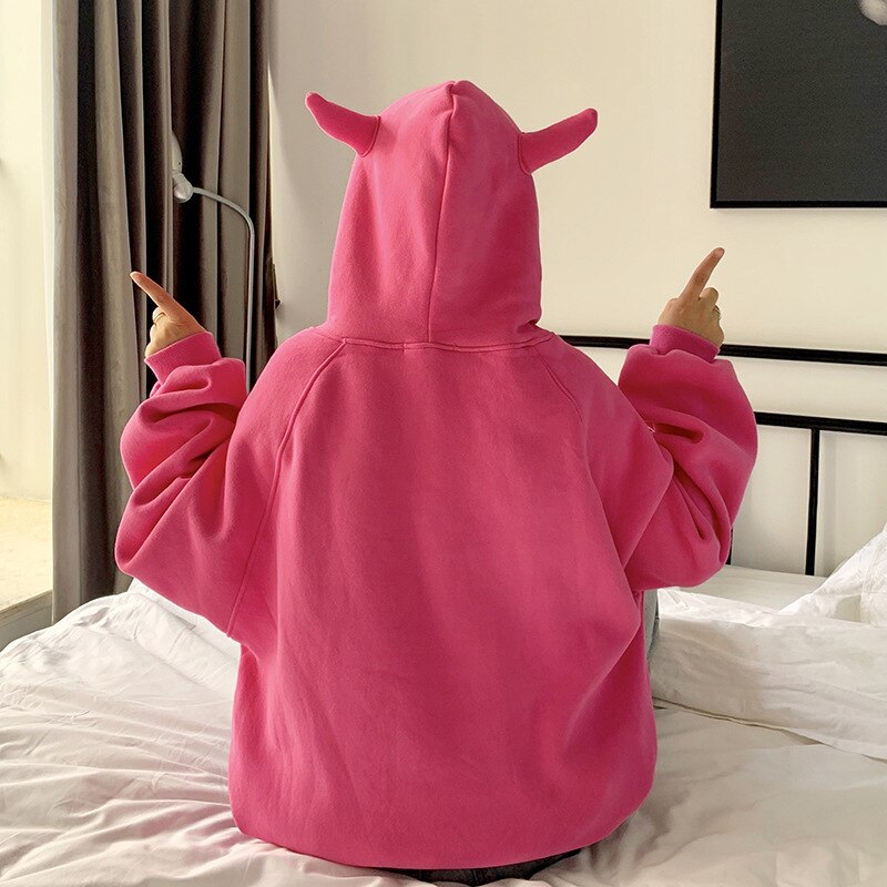 swvws Women Plus Velvet Warm Loose Harajuku Hoodies  Spring Devil Horn Hooded Sweatshirt Female All-Match Cute Pullovers Tops New