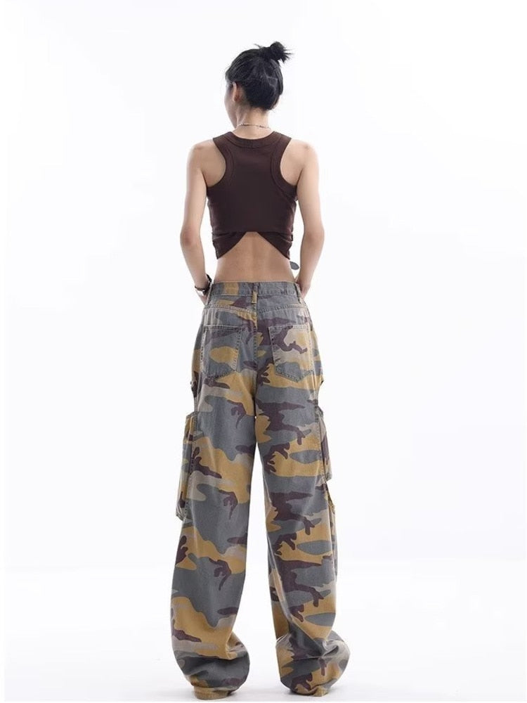 swvws Loose Splashed Ink Speaker Camouflage Pants Trendy Hip-hop Vintage Versatile Work Clothes Pants Wide Leg Pants Women's Jeans