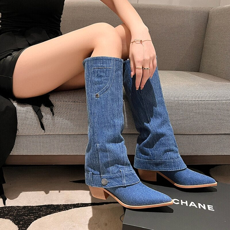 swvws Autumn Boots     Autumn Boots Women Jean Shoes for Women Pointed Toe Chunky Heel Women Boots Fashion Knee-High Boots Retro Long Boots botas mujer