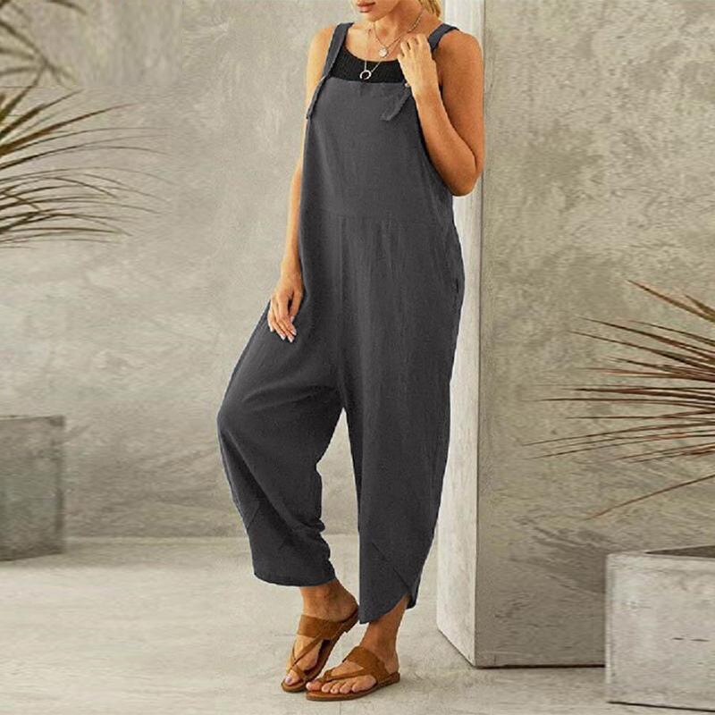 swvws Strap Women Jumpsuits Summer Casual Solid Loose Rompers Vintage Wide Leg Pants Female Homewears Fashion Playsuit With Pockets