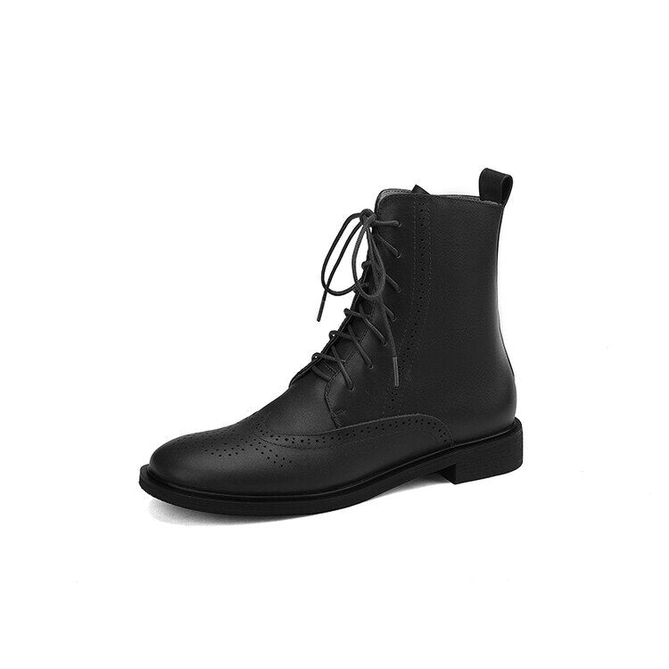 swvws  fashion inspo    NEW Fall Shoes Women Round Toe Low Heel Shoes Winter Solid Genuine Leather Boots Women Hollow Brogues Ankle Boots Chelsea Boots