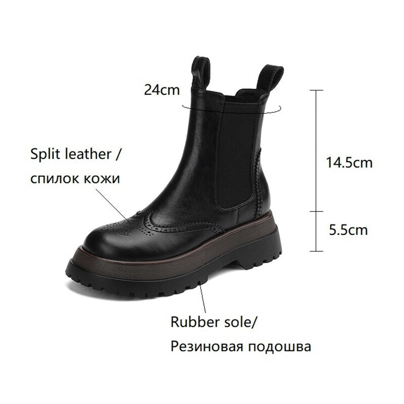 swvws Autumn Shoes    Autumn Women Shoes Round Toe Platform Boots for Women Split Leather Brogues Winter Thick Heel Ankle Boots Black Motorcycle Boots