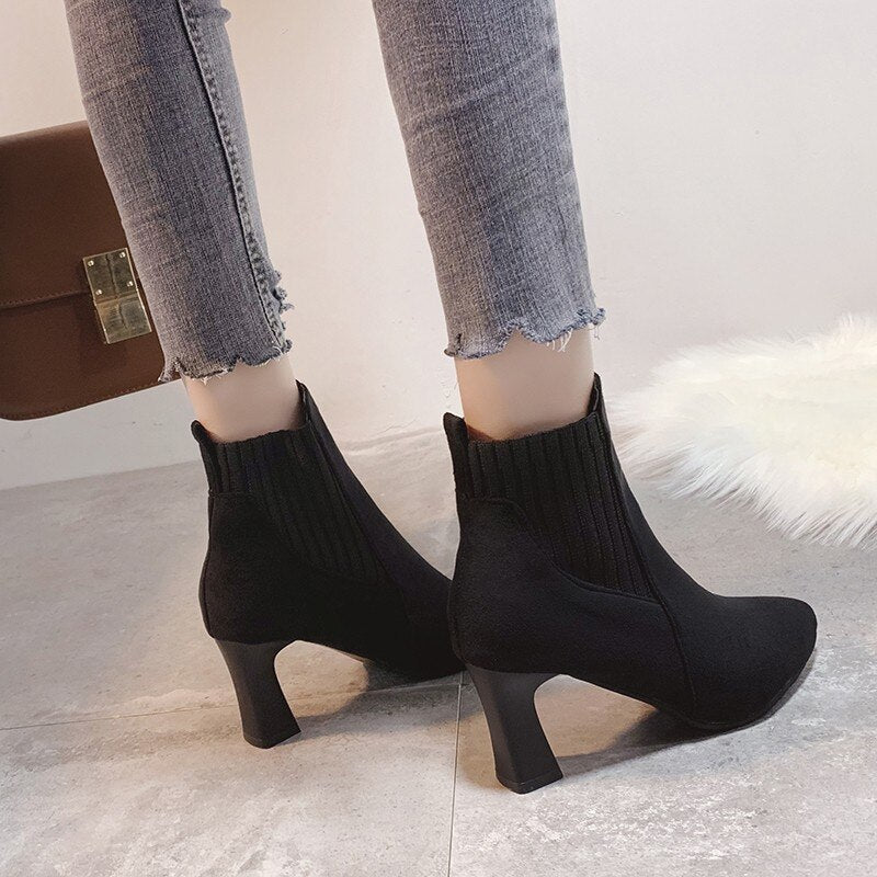 swvws Autumn Winter Women Boots Elastic Ankle Boots Pointed Toe Thick Heel High Heels Shoes Woman Female Plus Fleece Warm Socks Boots